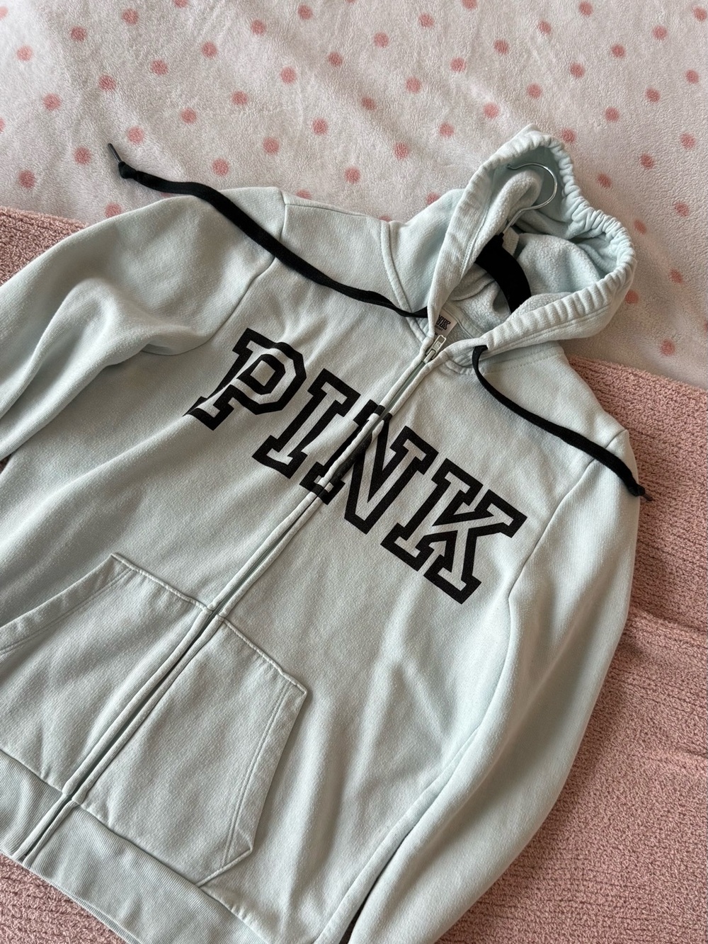PINK Victoria's Secret Light Blue Zip Hoodie with Black Trim